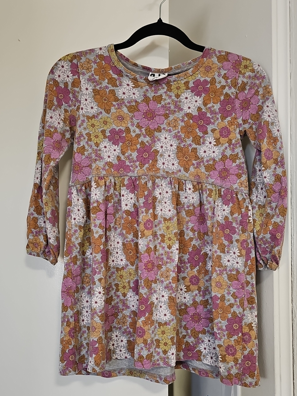 Cotton-On Kids 100% Cotton Long-Sleeved Dress Girls 9-10 Gray With Floral Print